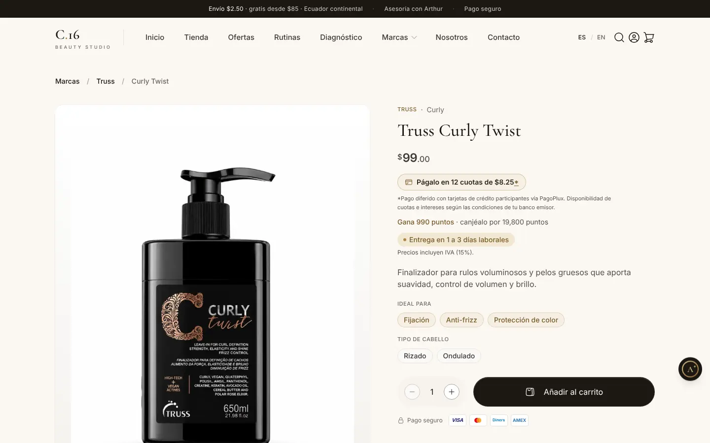 Ficha de producto con cuotas, puntos y tipo de cabello.