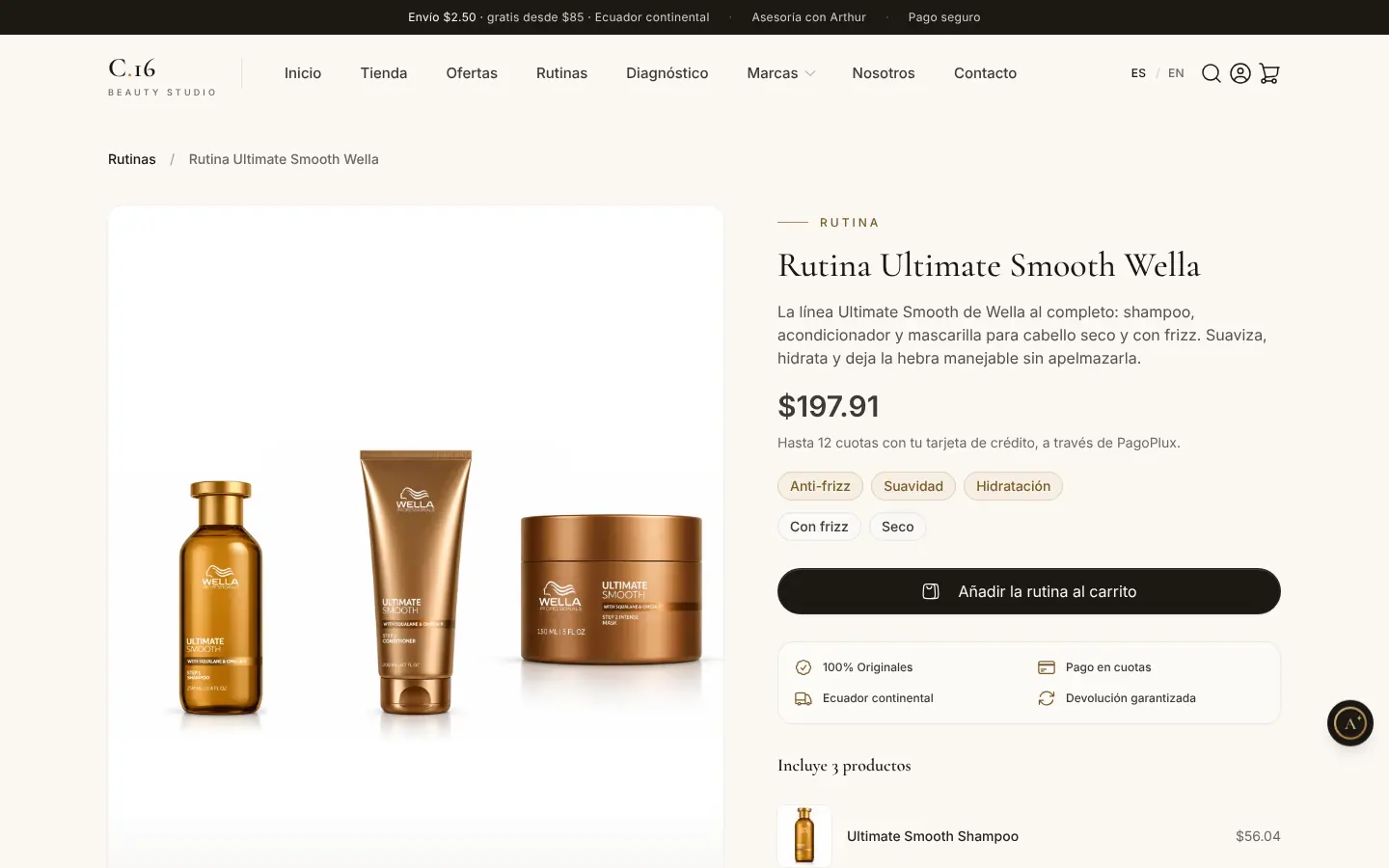 Una rutina de Wella: tres productos, un precio y las cuotas a la vista.