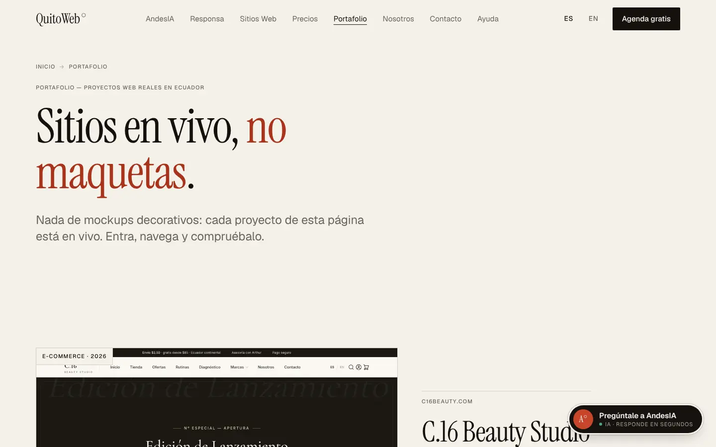 El portafolio: solo sitios en vivo, ninguna maqueta.